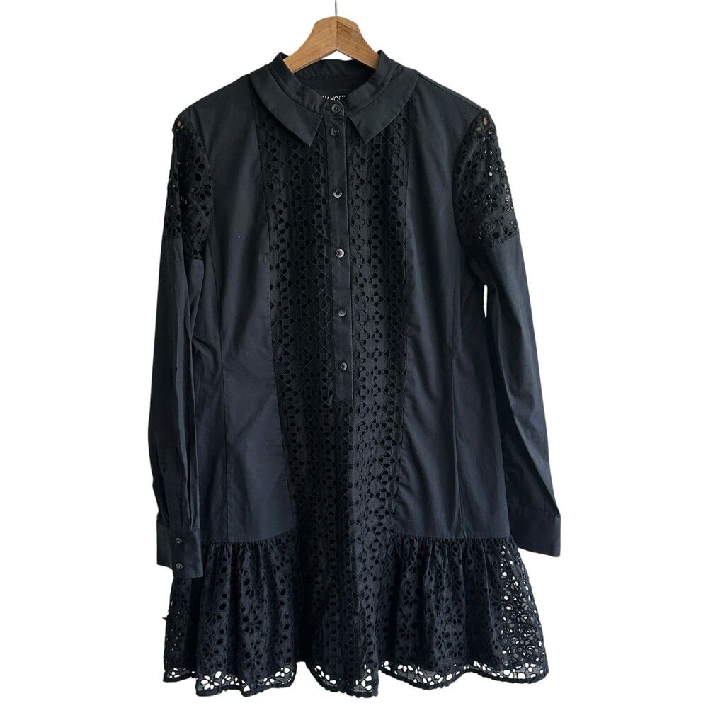 THAKOON Button Down Dress Sz 6 Black Eyelet Ruffle Hem Long Sleeved Cotton Mini